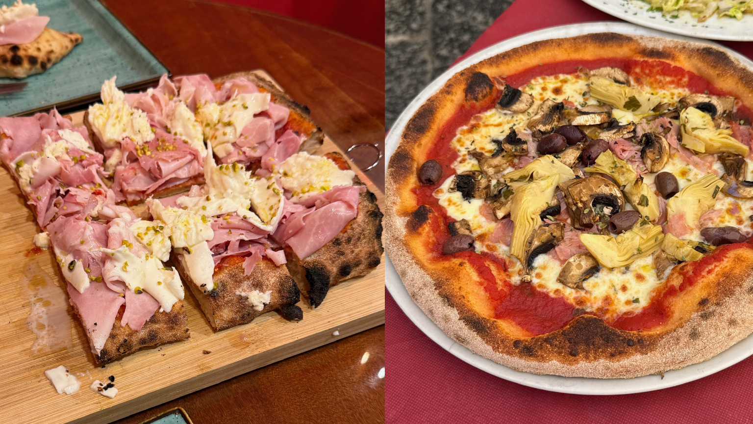 Sicilian pizza served at a table.